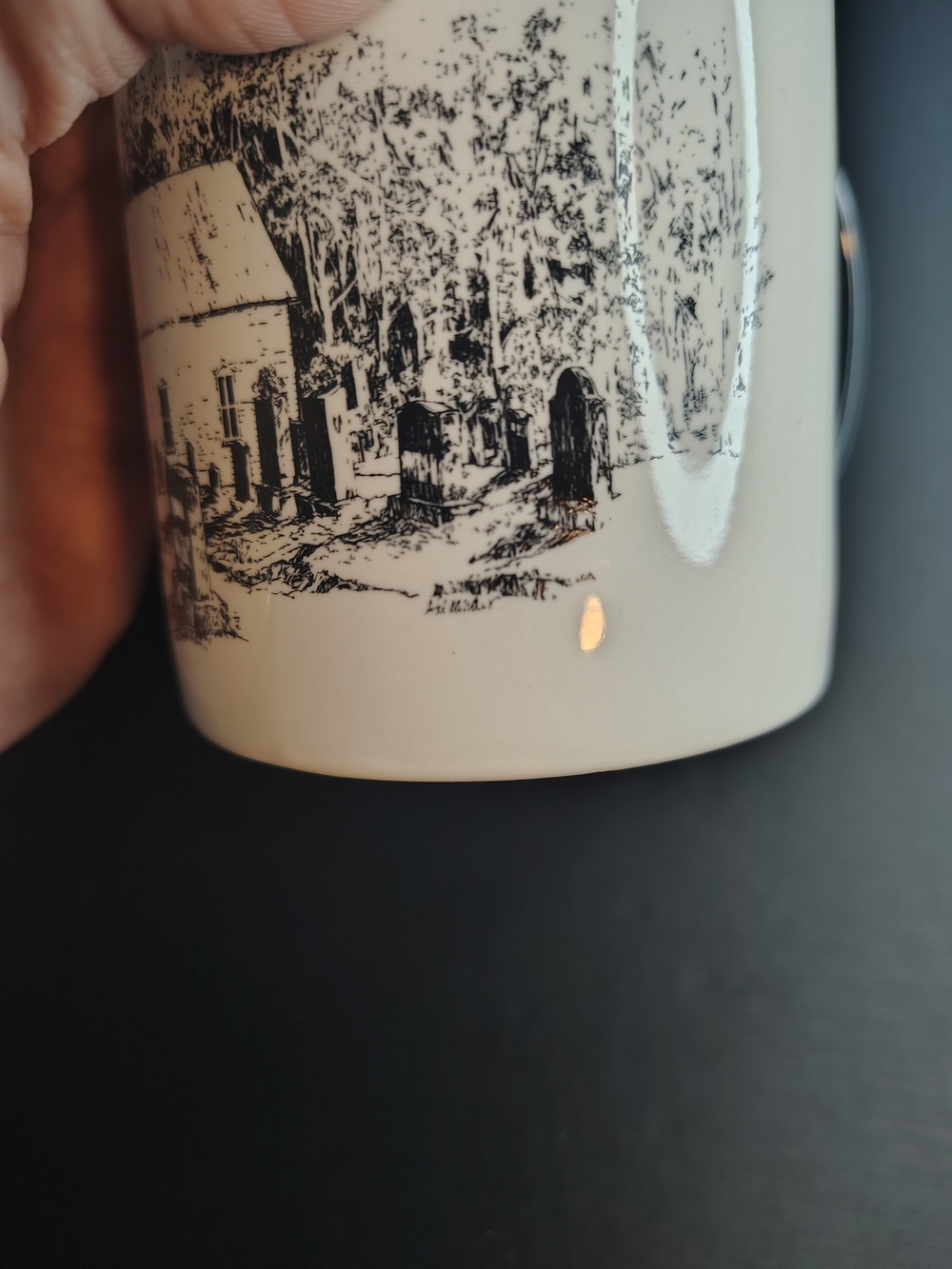 Vintage Stoneware Coffee Mug – Historical Church Illustration – Cream & Black